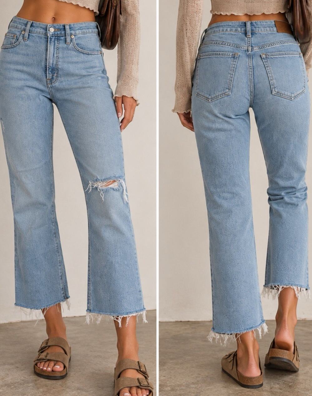 Madewell Women’s Light Wash High Rise Cropped Flare Jeans Distressed Raw Hem 28